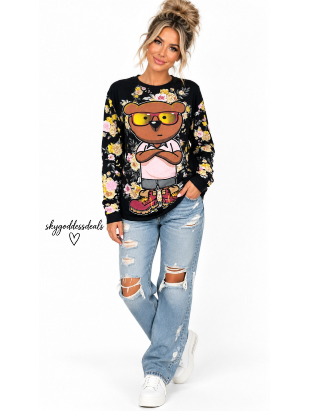 Fresh Laundry Bear Floral Long Sleeve Shirt S Y2K Streetwear Graphic Black